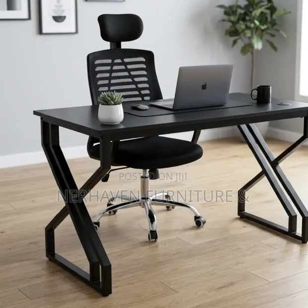 Modern Metallic Desk and Ergonomic Chair with Headrest - 1