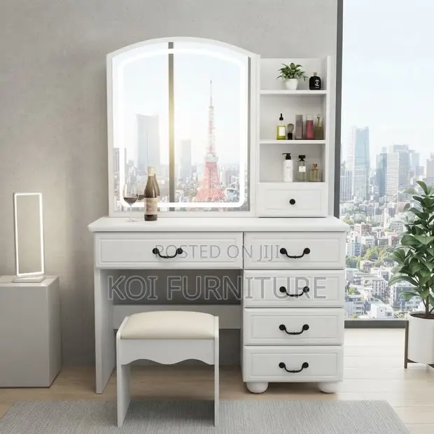White Glossy Makeup Vanity Set with Mirror - 1