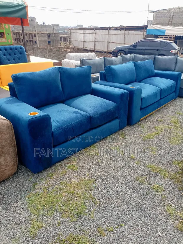 Seti ya Sofa ya Bluu ya Viti 2 na Vituo vya Kombe - 1
