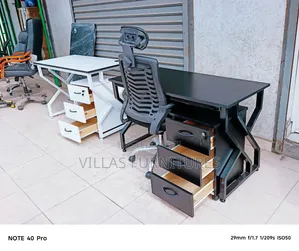 Office Desk with Metallic Frame, Grey Lockable Drawer, and Chair