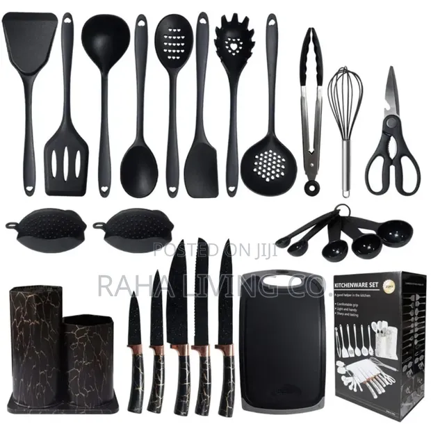 19pc Silicone Utensil & Knife Set | Black Marble - 1