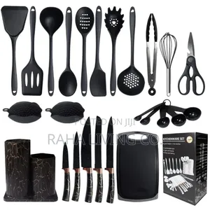 19pc Silicone Utensil & Knife Set | Black Marble