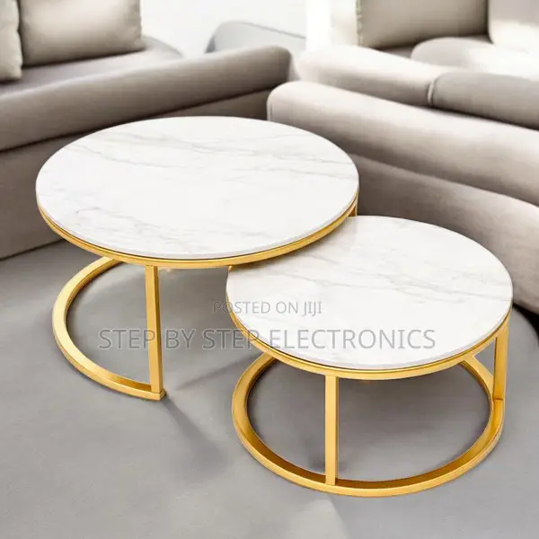Dual Purpose Marble Nesting Coffee Table Set with Gold Metal Frame - 1