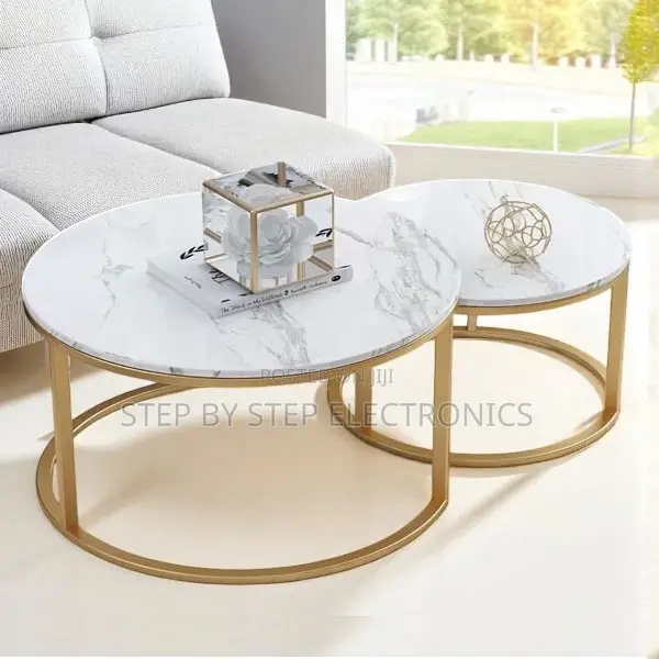 Marble Nesting Coffee Table Set with Gold Metal Frame - 1