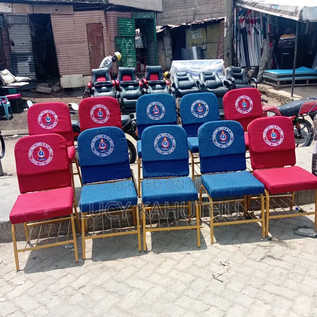 Red and Blue Church Chairs with PCEA Logo and Powder Coating - 1