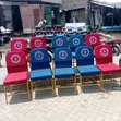 Red and Blue Church Chairs with PCEA Logo and Powder Coating - 1