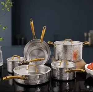 Seti ya Vipande 10 ya Vyombo vya Kupikia vya Tri-Ply Stainless Steel Vilivyopigwa na Vitufe vya Dhahabu