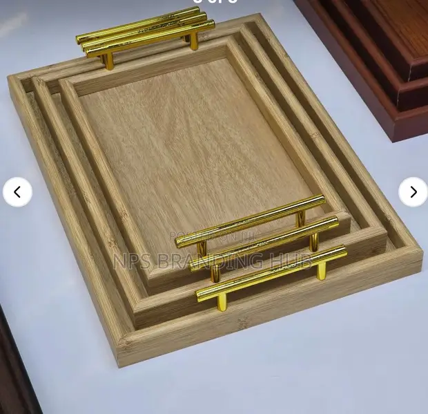 3-Piece Wooden Serving Tray Set with Gold-Tone Handles - 1