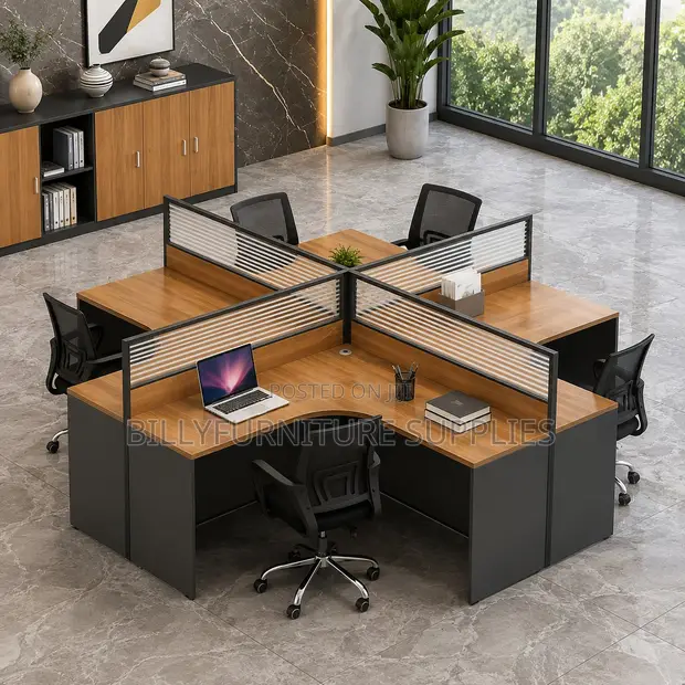 Modern 4-Way Office Workstation with Privacy Screens - 1