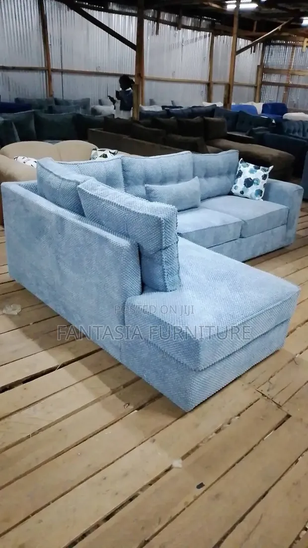 5 Seater L-Shaped Sectional Sofa - Light Blue Corduroy - 1