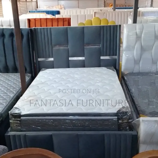 5x6 Grey Fabric Bed Frame with Metallic Trim - 1
