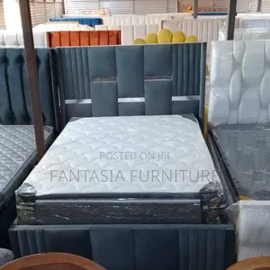 5x6 Grey Fabric Bed Frame with Metallic Trim
