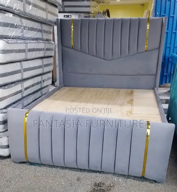 Brand New 5x6 Grey Velvet Bed Frame with Gold Trim - 1