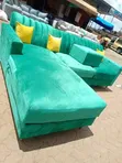 5 Seater L-Shaped Green Sectional Sofa - 1