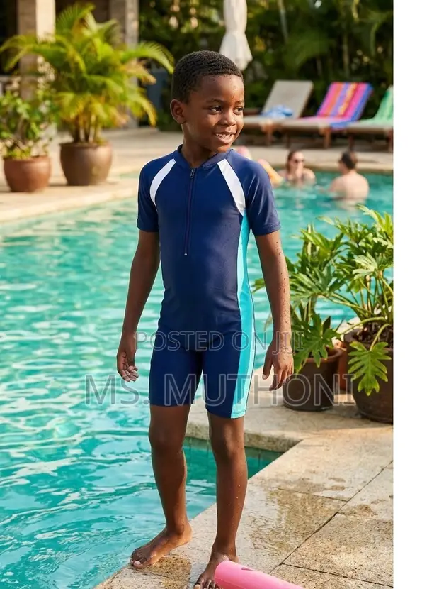 Unisex Navy Blue Short-Sleeve One-Piece Kids' Swimsuit - 1