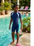 Unisex Navy Blue Short-Sleeve One-Piece Kids' Swimsuit - 1