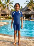 Unisex Navy Blue Short-Sleeve One-Piece Kids' Swimsuit - 2