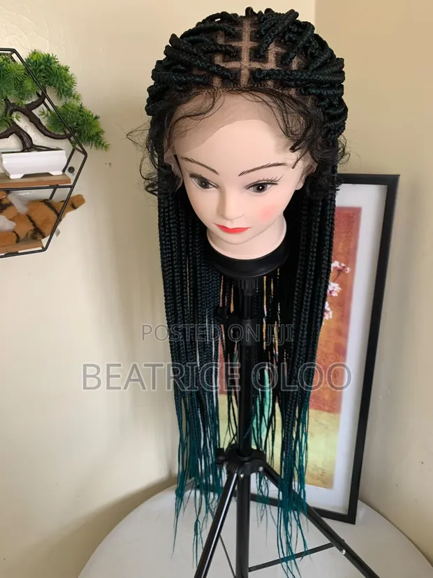 Braided Wig - Black/Turquoise, Waist Length, Glueless - 1