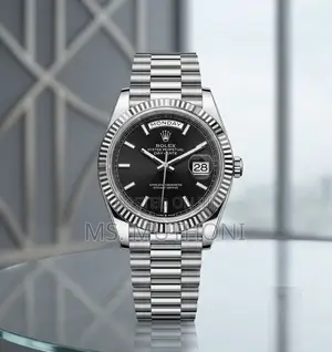 Rolex Day-Date Silver Watch yenye Black Dial