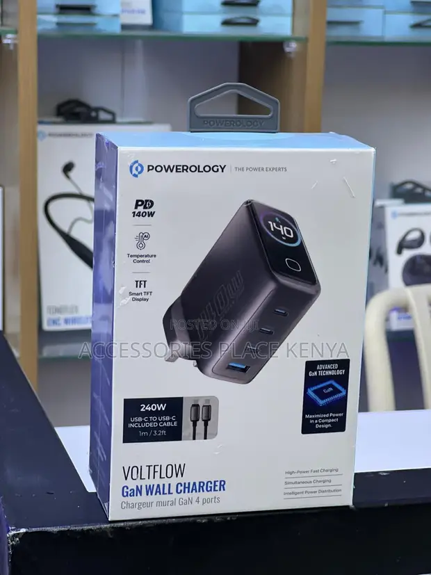 Powerology VoltFlow 140W 4-Port GaN Charger with TFT Display - Black - 1
