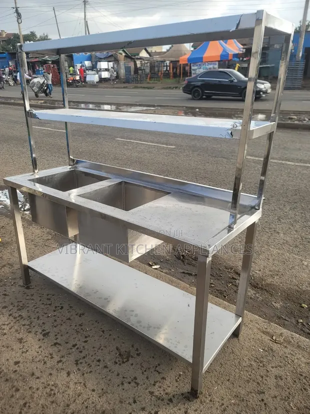 Stainless Steel Double Bowl Sink with Two Overshelves - 1