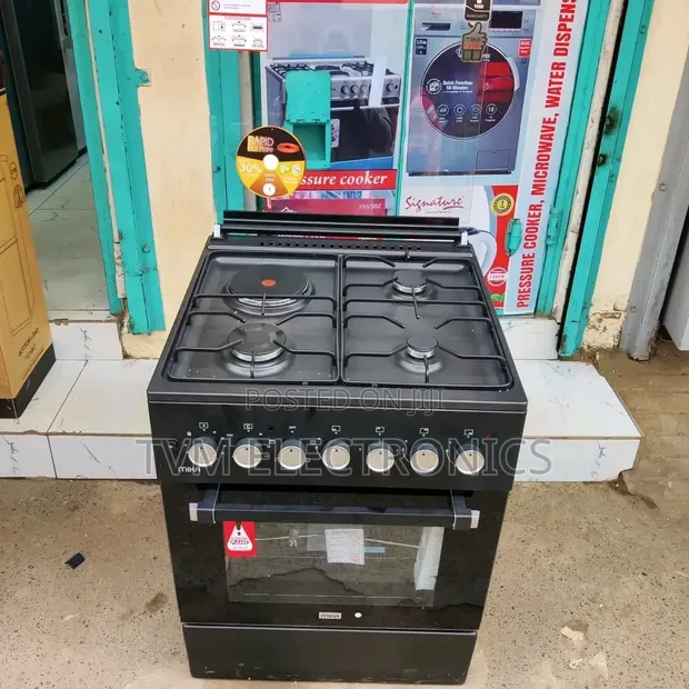 Mika 60x60cm Cooker, 3 Gas + 1 Electric Burner, Electric Oven, Rotisserie, Matt Black - 1