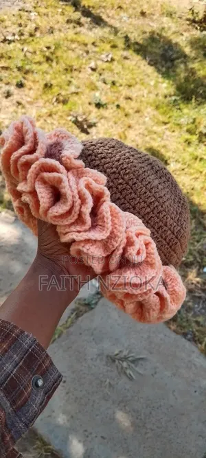 Handmade Crochet Ruffle Bucket Hat - Brown & Peach