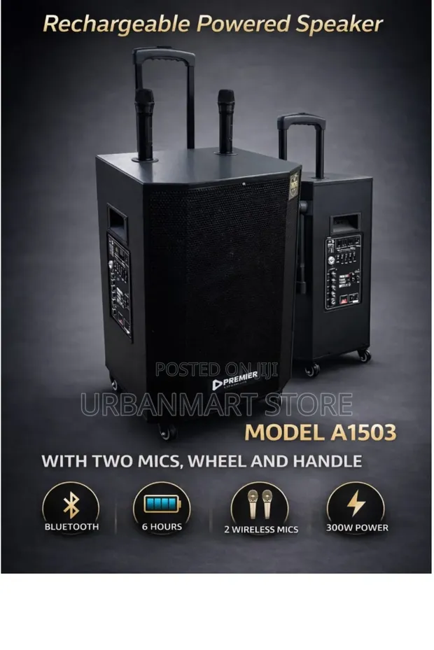 Premier 15" 300W Rechargeable Trolley Party Speaker with 2 Mics - 1