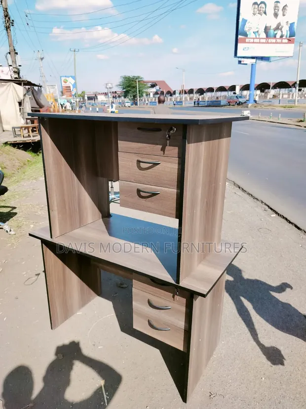 Reception Office Desk - Walnut Brown with 3 Drawers - 1