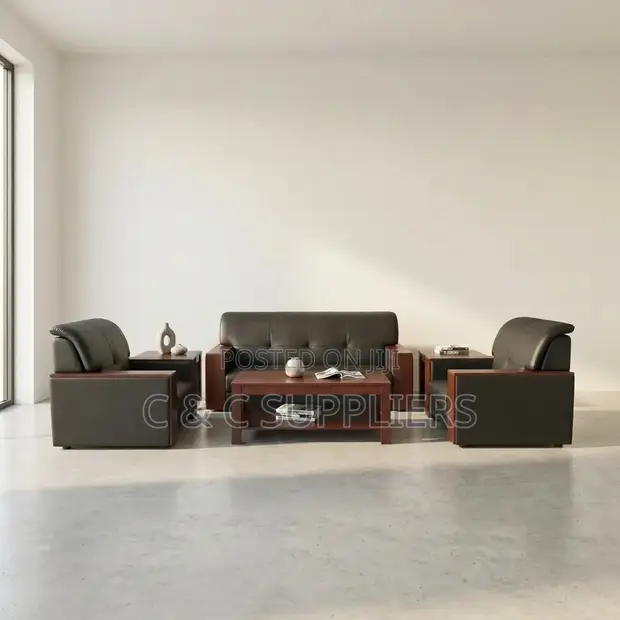 5-Seater Leather Sofa Set with Mahogany Armrest - 1