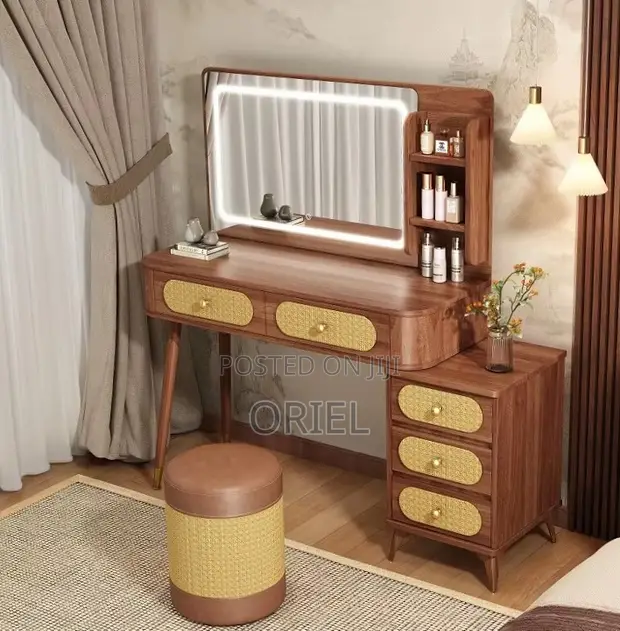 Modern Brown Dressing Table with LED Lights - 1
