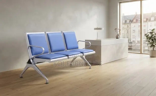 Three-Seater Metallic Leather Blue Reception Bench - 1