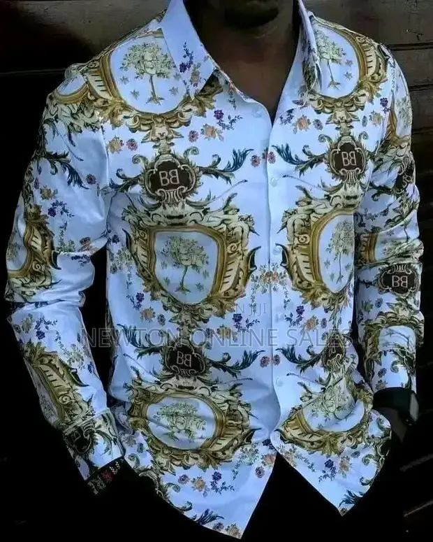 Men's Vintage Baroque Floral Shirt - White Gold - Long Sleeve - 1