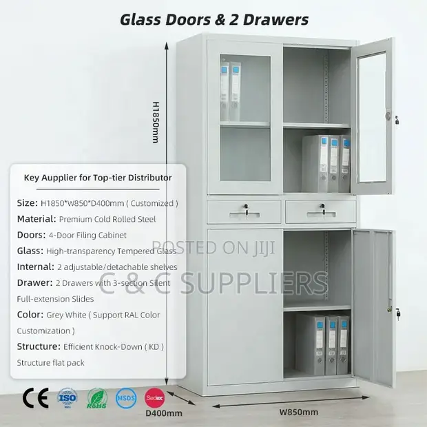 2-Door Metallic Cabinet with Drawers - White - 1