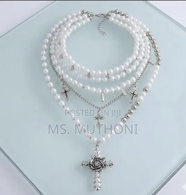 Multi-Layered Pearl Choker Necklace with Gothic Rose Cross Pendant - 1