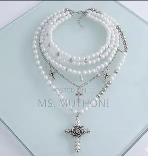 Multi-Layered Pearl Choker Necklace with Gothic Rose Cross Pendant