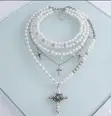 Multi-Layered Pearl Choker Necklace with Gothic Rose Cross Pendant - 1