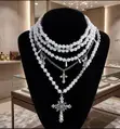 Multi-Layered Pearl Choker Necklace with Gothic Rose Cross Pendant - 2