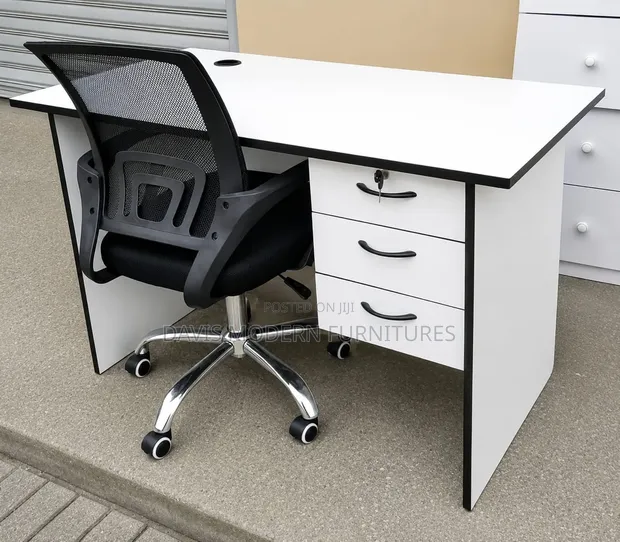 Modern 1.4M Office Desk with 3 Drawers & Mesh Swivel Chair - 1