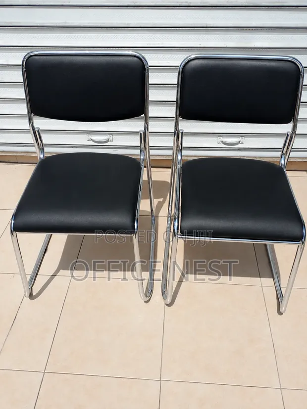 Black Leather Reception Conference Chair with Chrome Frame - 1