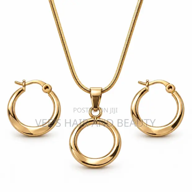 Minimalist Circle Necklace and Earrings Set - Gold - 1
