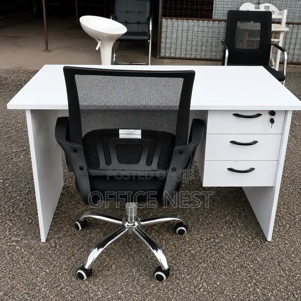 Modern White Office Desk with 3 Lockable Drawers - 1
