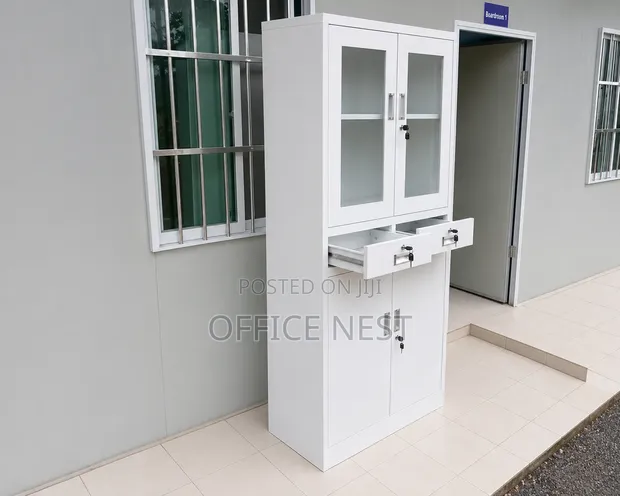White Office Storage Cabinet with Glass Doors & Lockable Drawers - 1