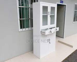 White Office Storage Cabinet with Glass Doors & Lockable Drawers