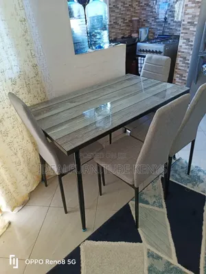 4-Seater Dining Set - Grey Wood & Fabric