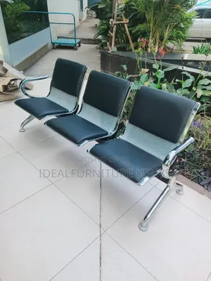 3-Seater Waiting Bench - Black Leather & Chrome