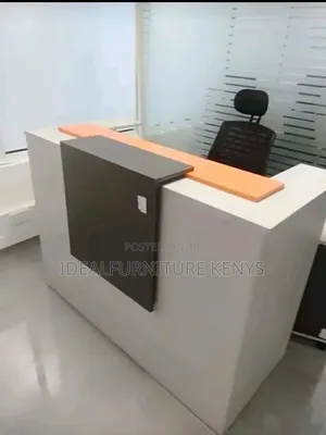 Modern White Reception Desk with Orange & Dark Brown Accents