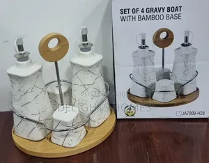 Set of 4 Ceramic Gravy Boats/Oil Dispensers with Bamboo Base