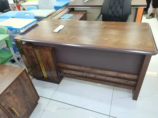 L-Shaped Brown Wooden Office Desk - 1