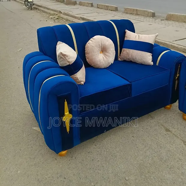 Blue 2-Seater Sofa with Throw Pillows - 1